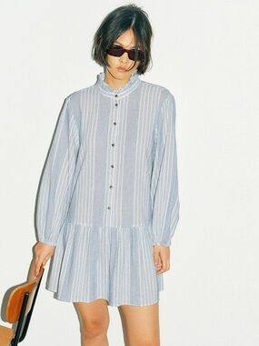 H&M Pure Cotton Frilled Collar Mini Dress Blue White Striped Cottagecore, Small